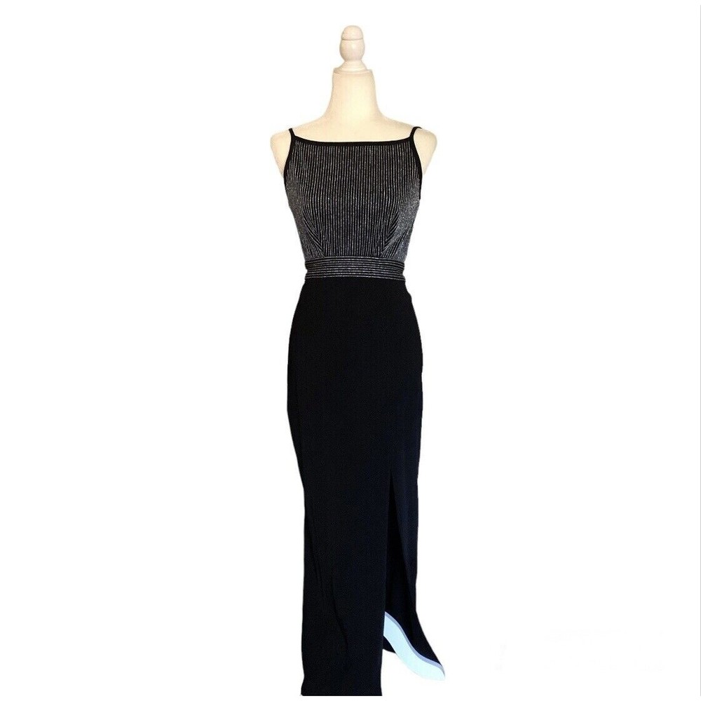 Tadashi Vintage Black Silver Bodice Tie Evening Gown Cocktail‎ Formal Dress Sz S